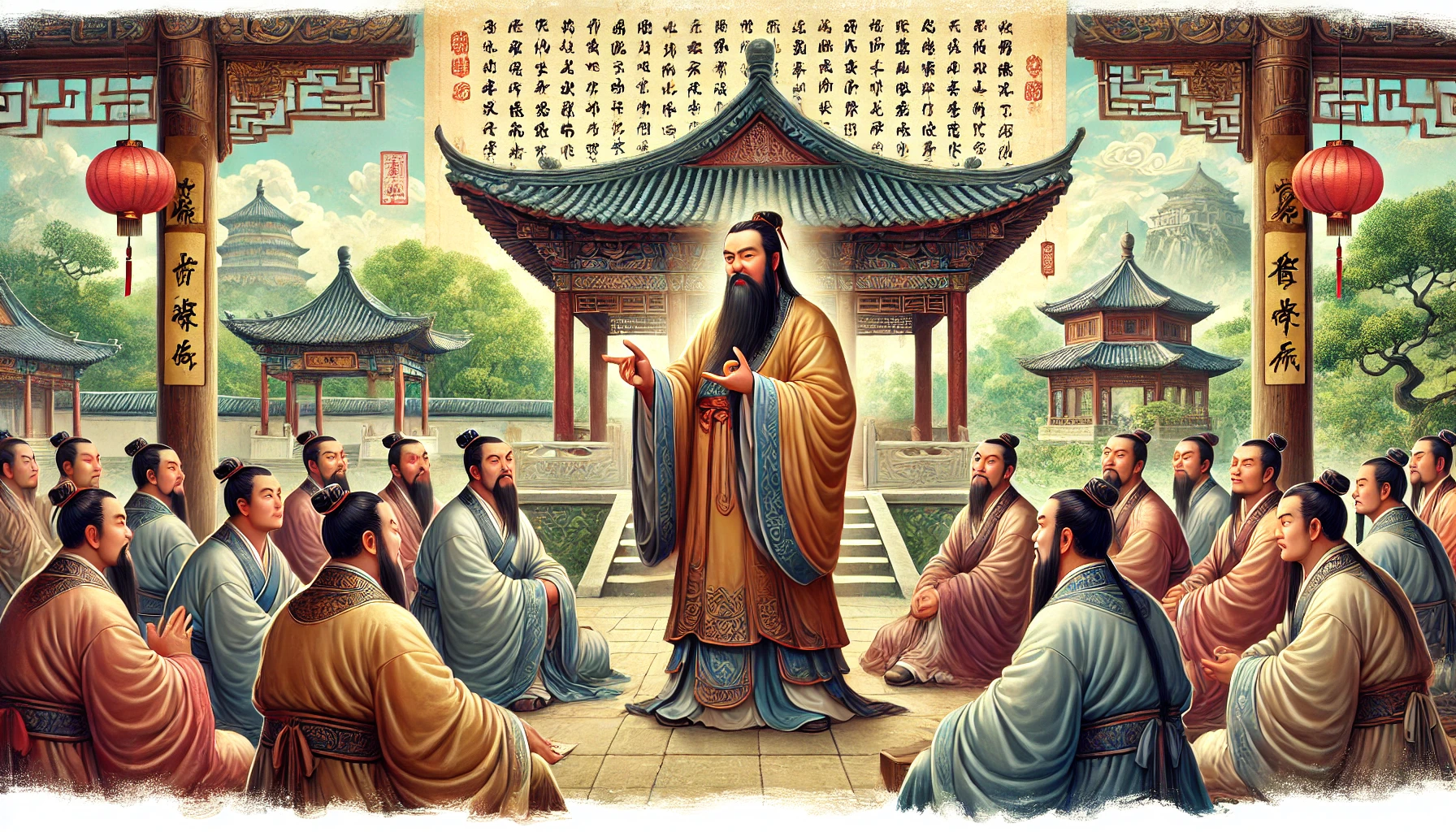 Confucius teaching his students (Source - CHAT GPT)