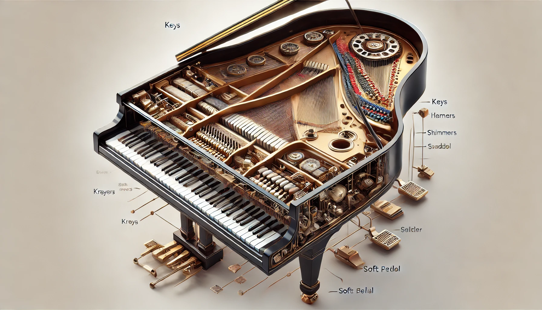 Internal mechanism of a grand piano (Source - CHAT GPT)