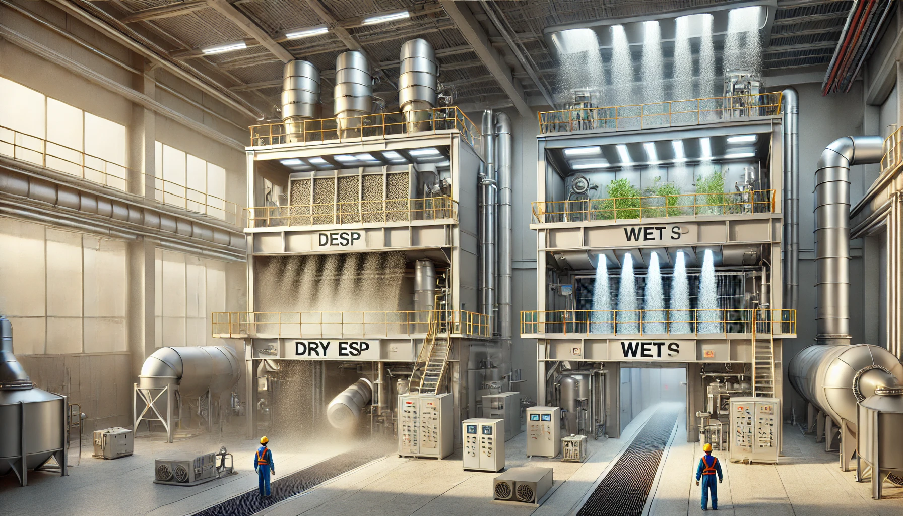 Scene showing dry and wet electrostatic precipitators at an industrial site (Source - CHAT GPT)