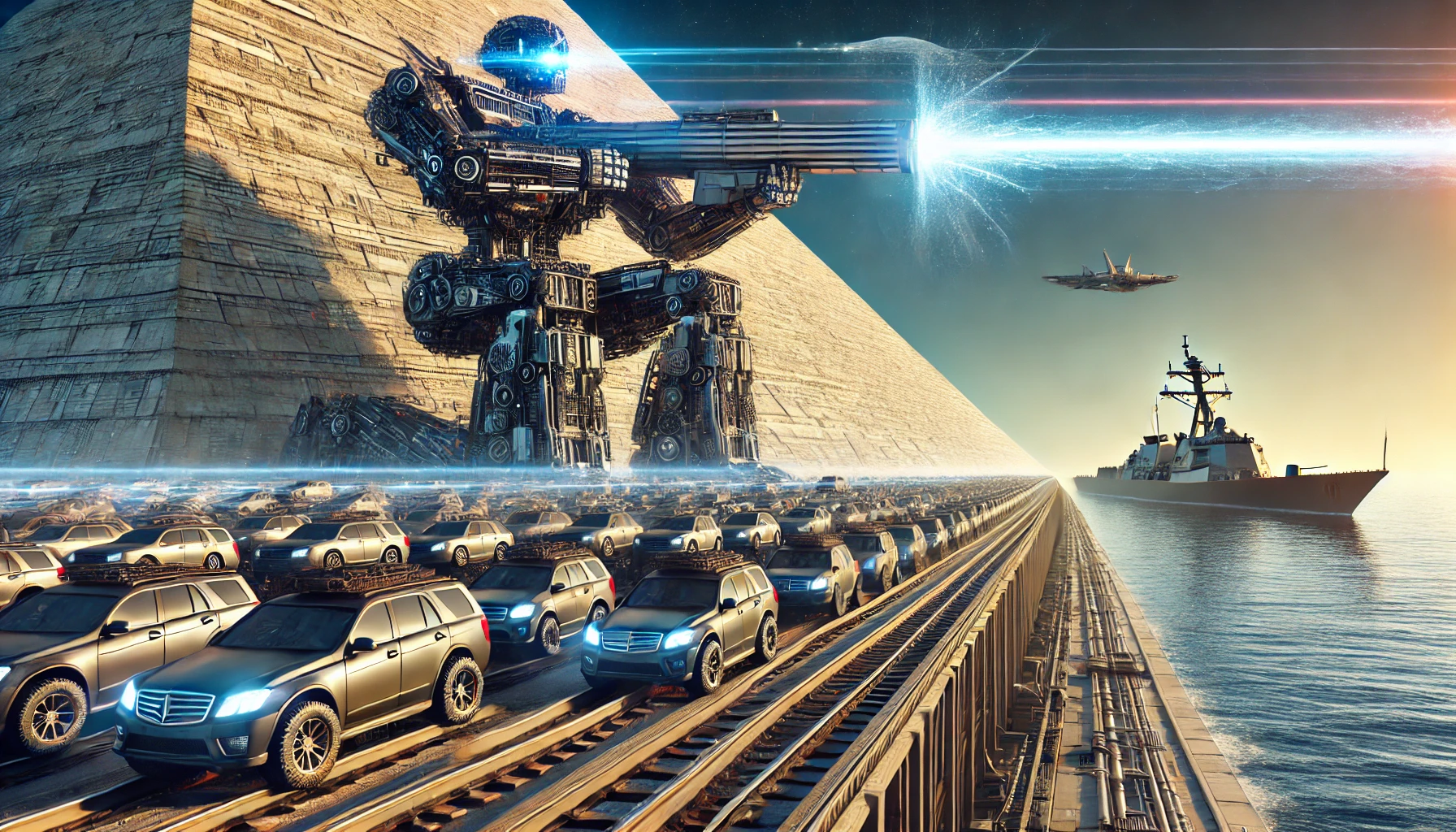 A sci-fi scene of a giant robot merged with several cars (Source - chat gpt)