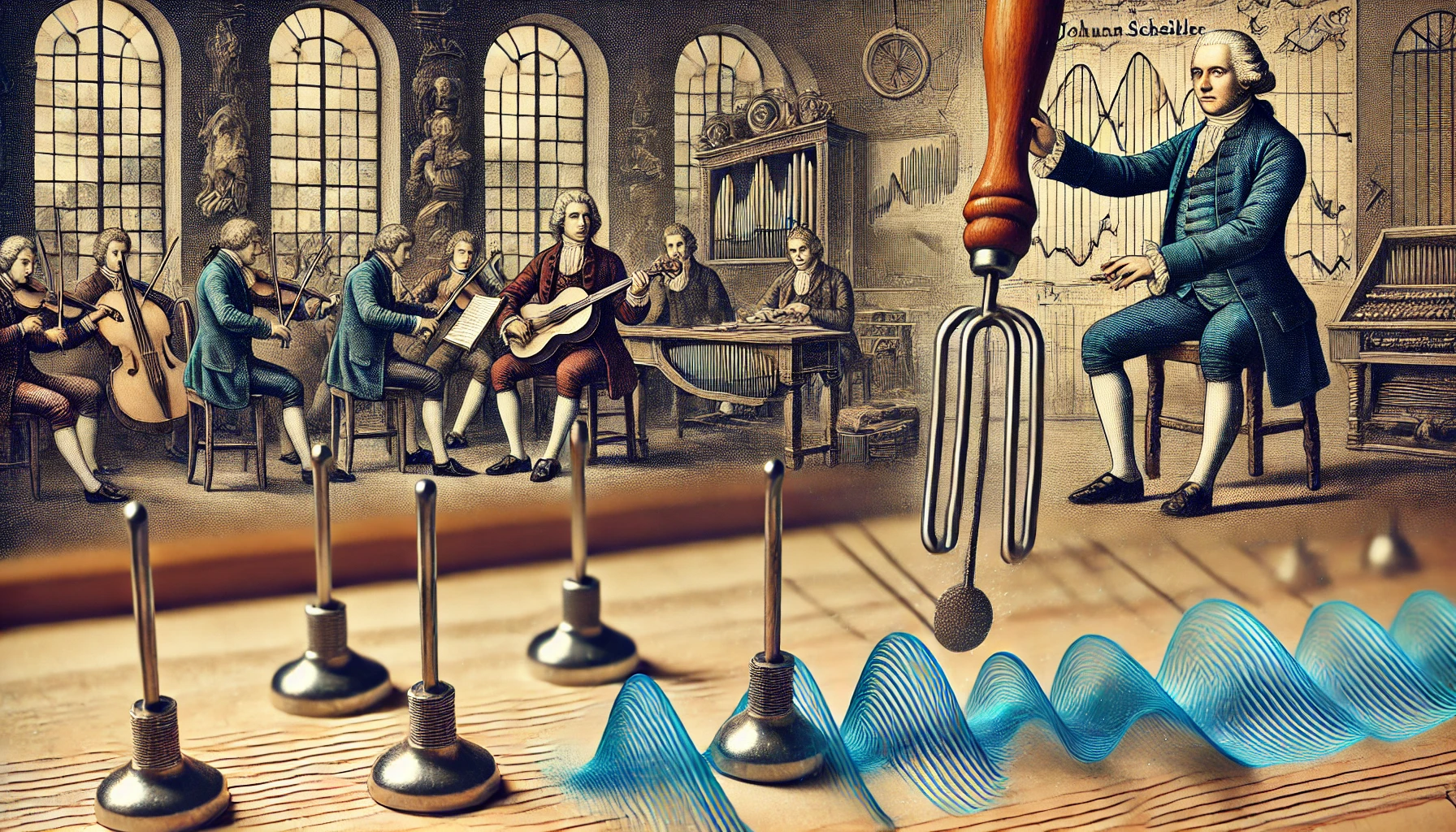 Johann Scheibler's tuning fork and experimental scene (Source - chat gpt)