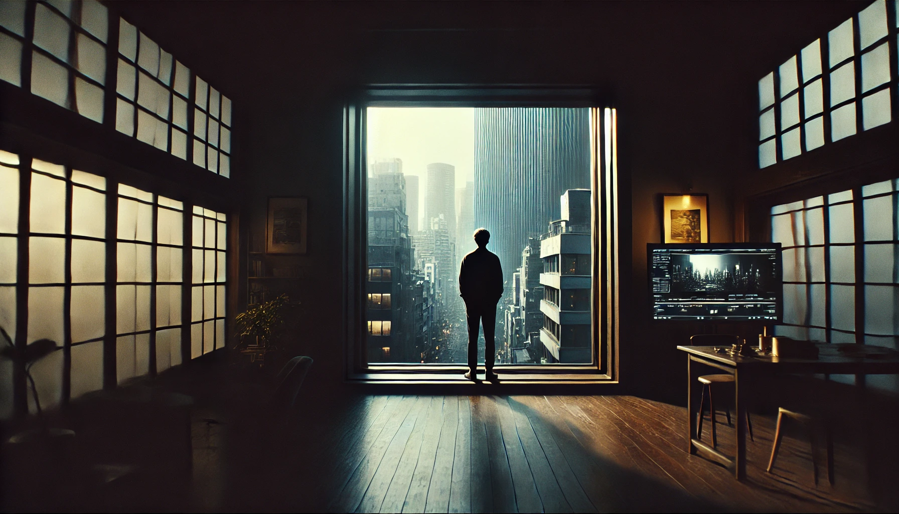 A person looking at the city through a window using the double framing technique (Source - CHAT GPT)