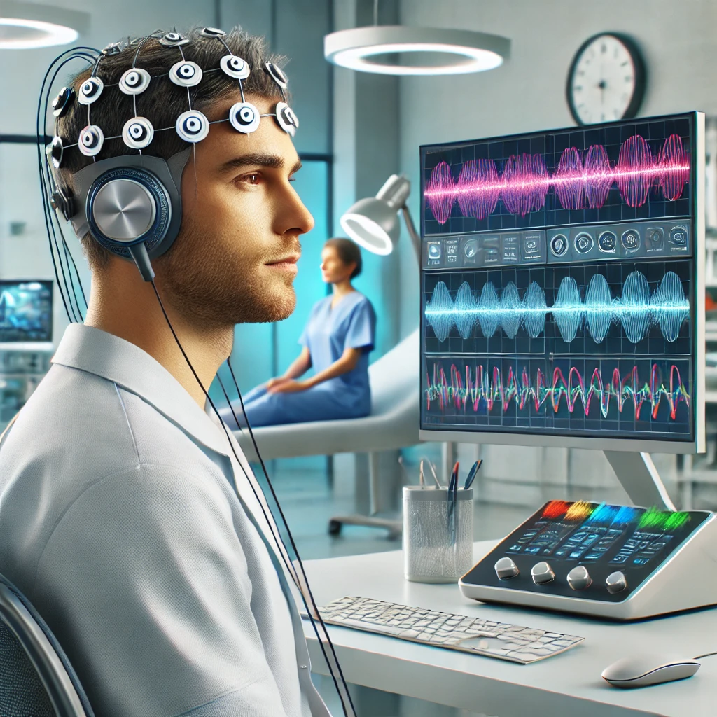 The patient is wearing a neurofeedback headset and connected to a computer (Source - CHAT GPT)