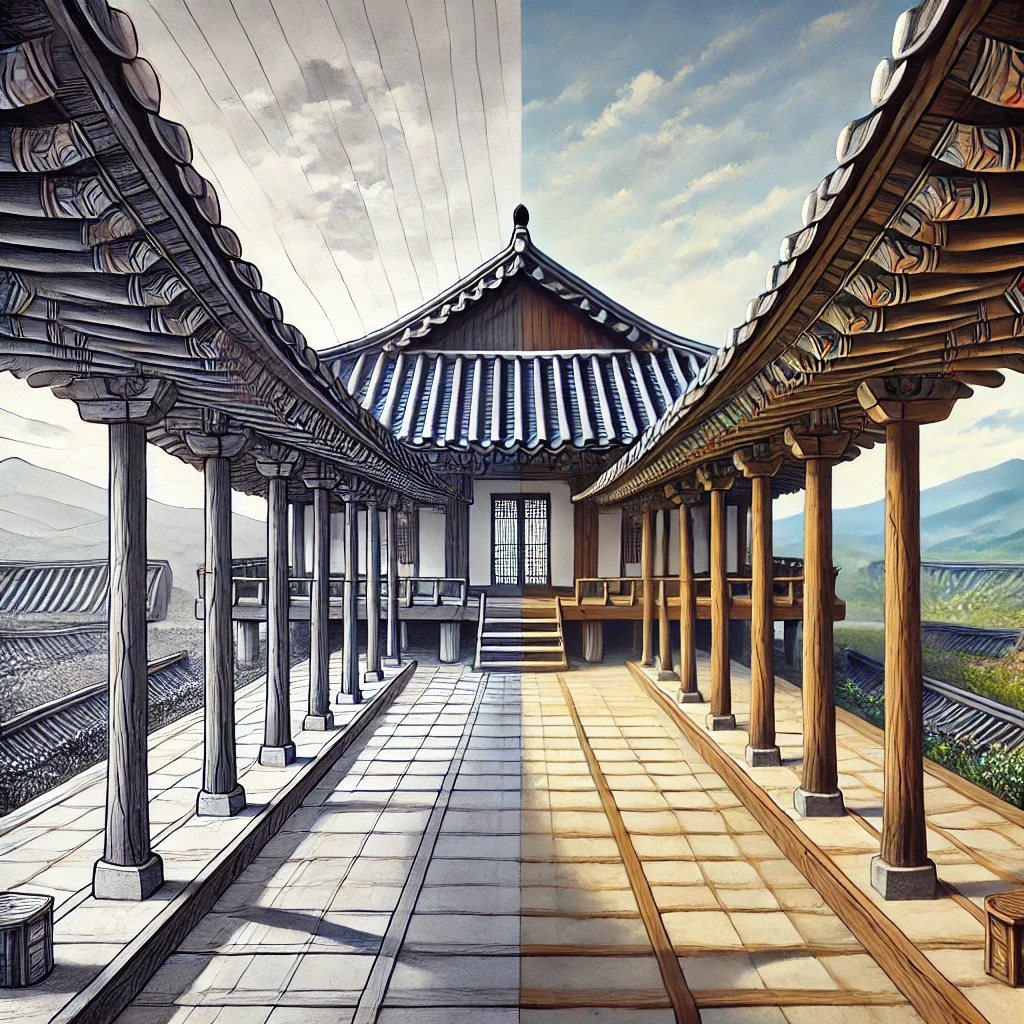 A hanok with curvilinear distortion (Source - CHAT GPT)