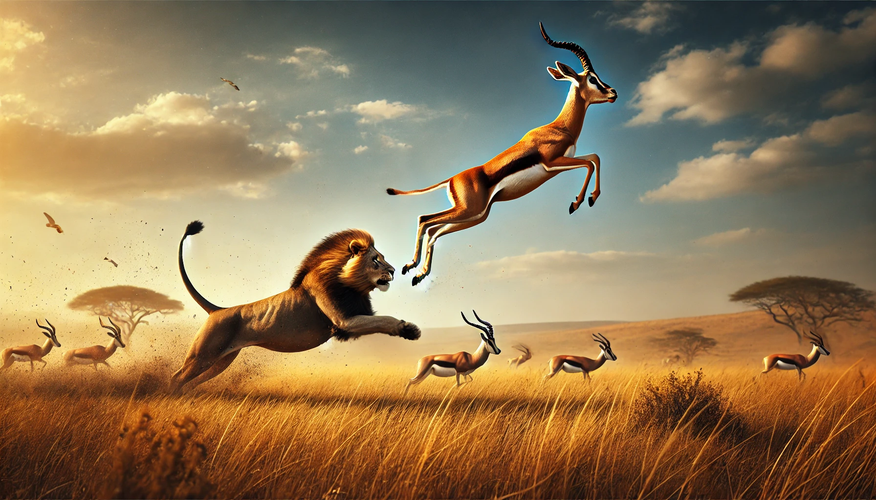 A lion chases a gazelle in an African grassland (Source - CHAT GPT)