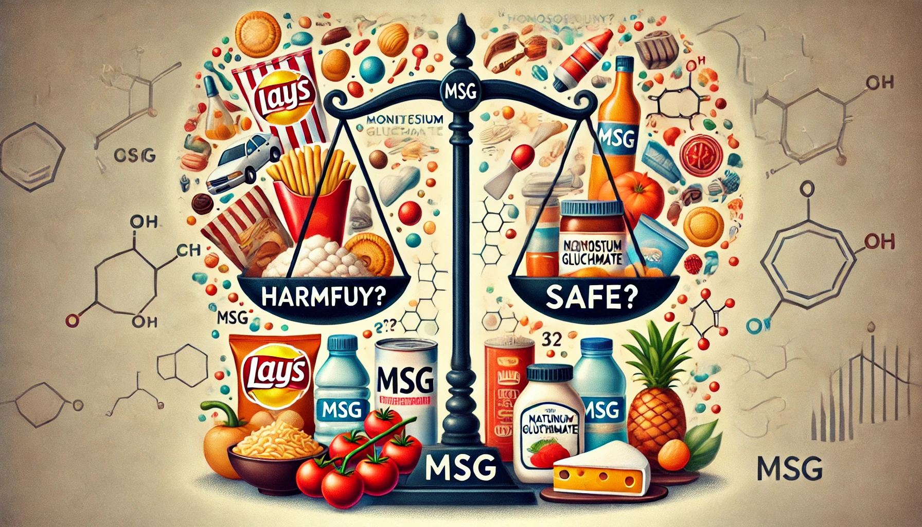 Illustration symbolizing various foods and the safety of MSG (Source - chat gpt)