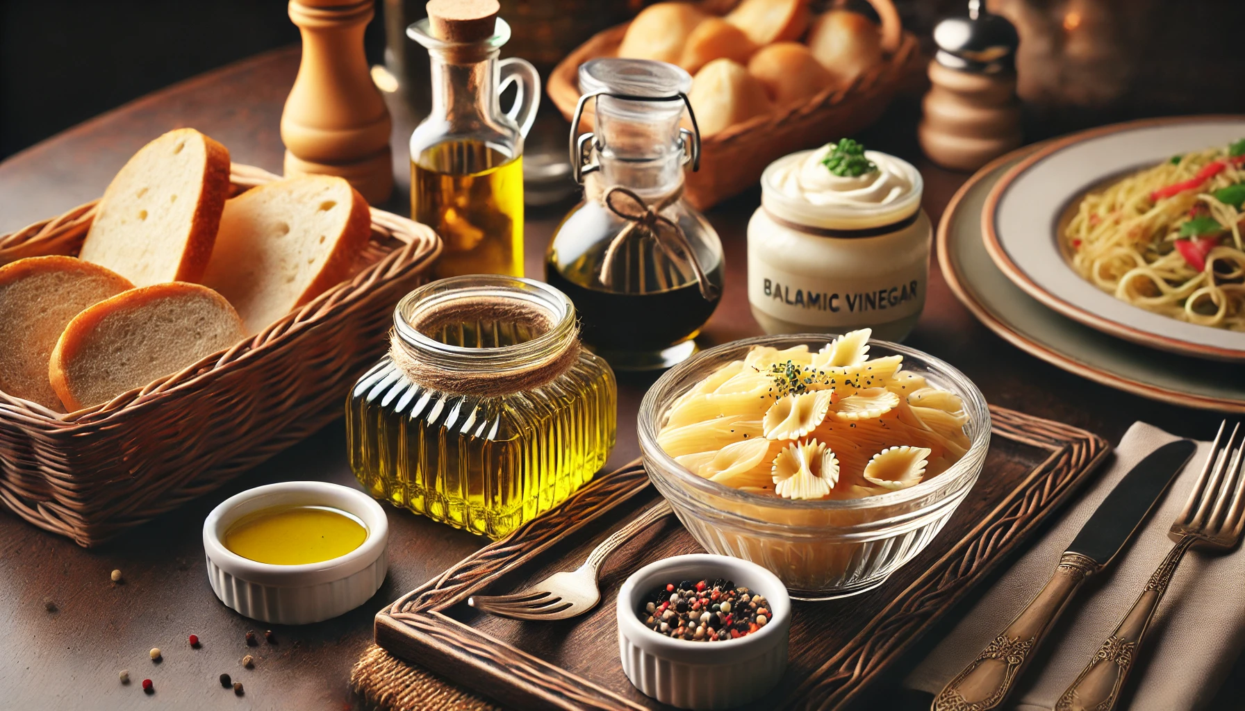 Pasta, bread basket, and vinaigrette sauce (Source - CHAT GPT)