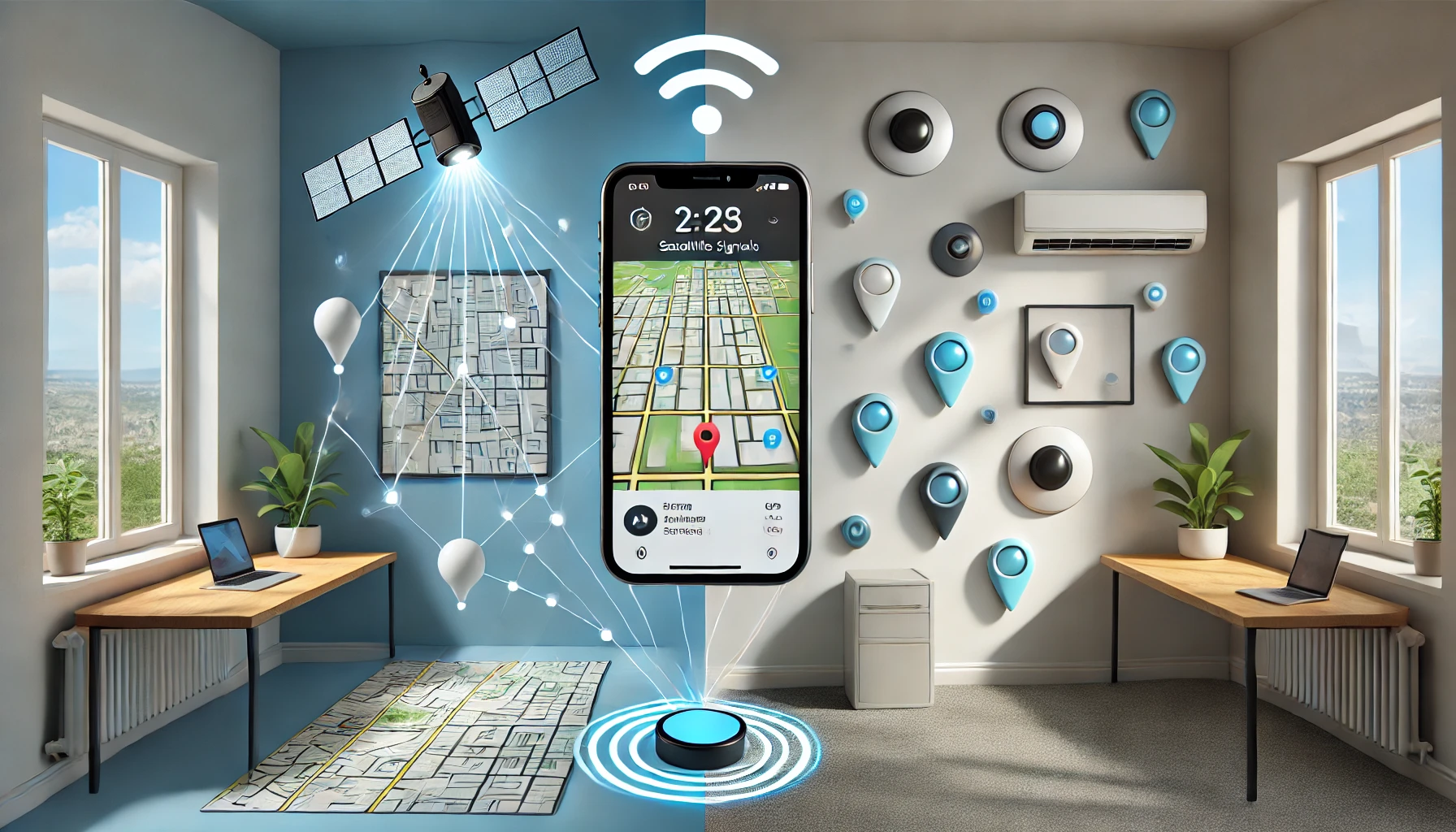 Location measurement using GPS outdoors vs location measurement using Bluetooth beacons indoors (Source - chat gpt)