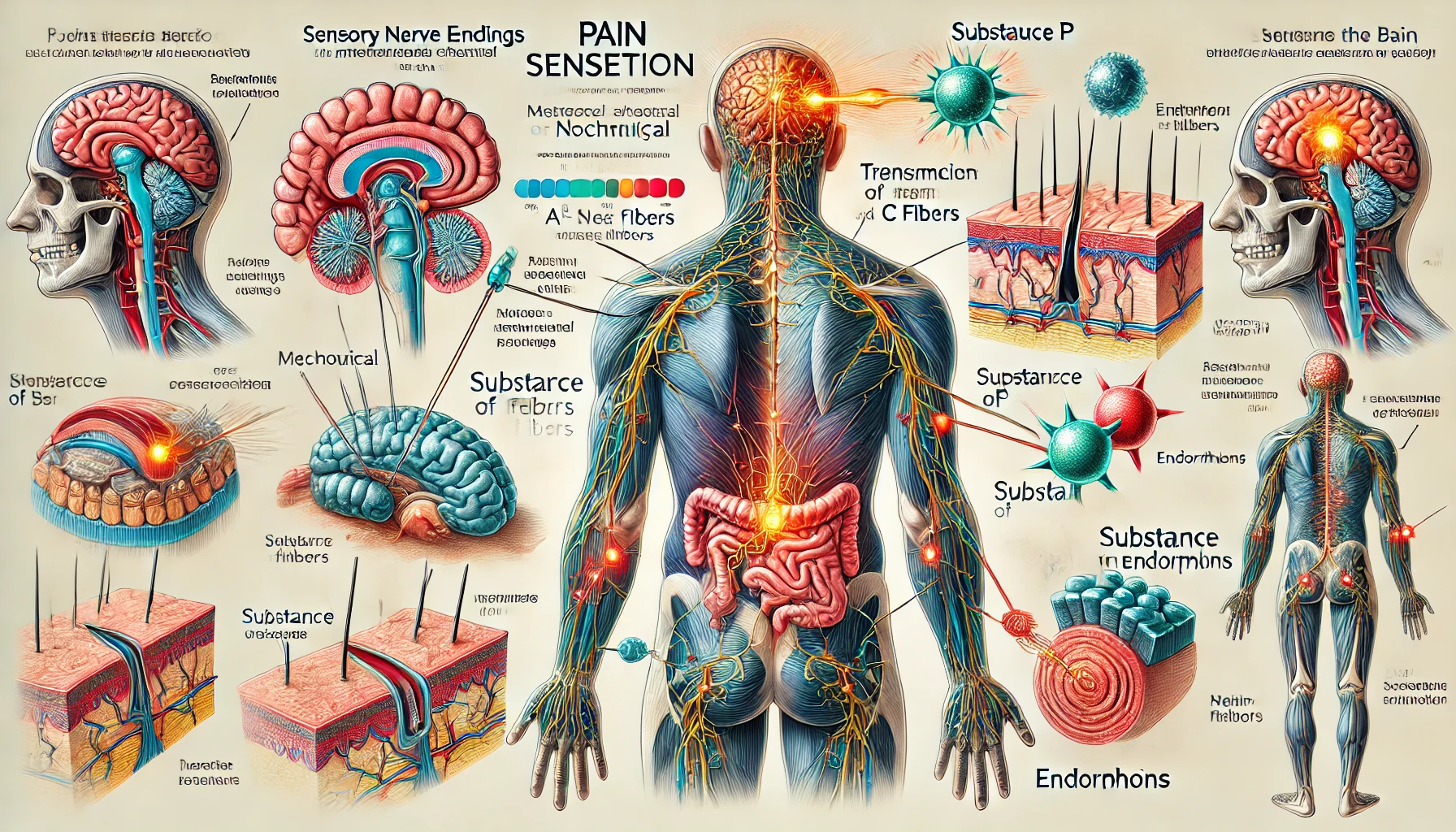 Medical illustration showing how pain sensations are generated and transmitted (Source - CHAT GPT)